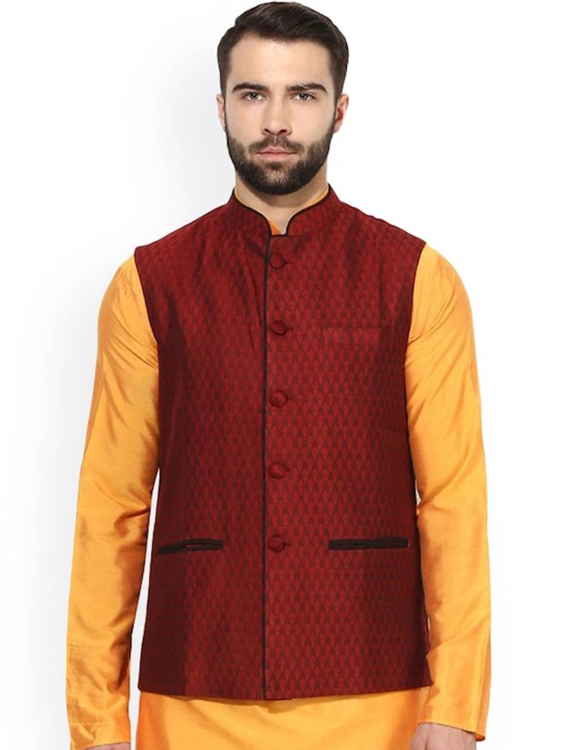 Men's Maroon 
Silk Blend
 Woven Design Nehru Jackets